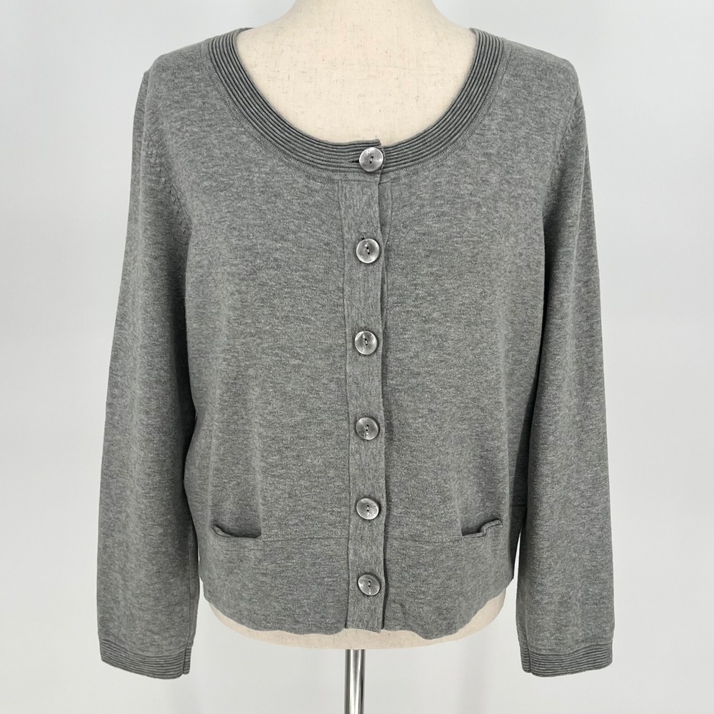 J. Jill Womens Long Sleeve Button Front Cardigan Sweater Size M Gray Scoop Neck‎